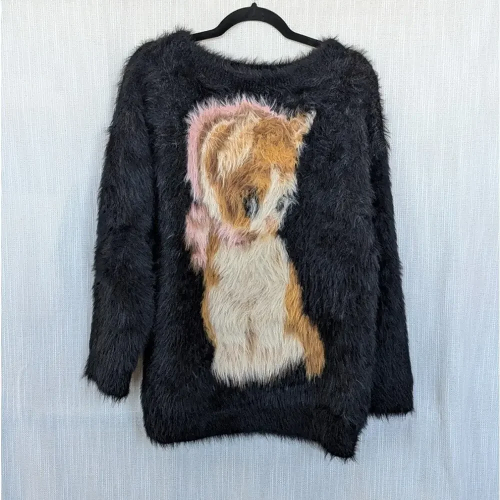 Prod Bldg Kitty Fluffy Sweater Womens S Black Knit Long Sleeve Oversized